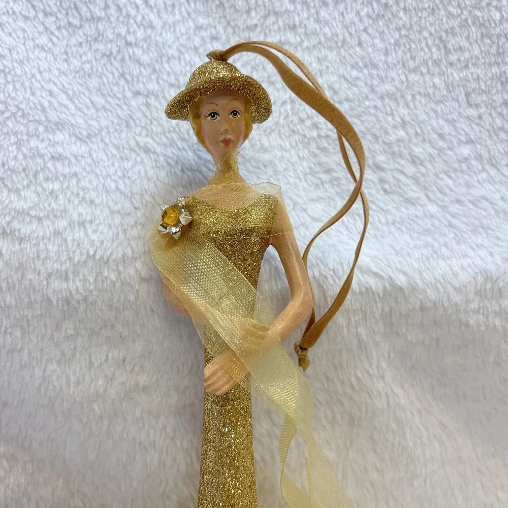 Gold Glitter Dress Figurine Woman Ornament Hat Elegant‎ Sparkle Holiday Decor